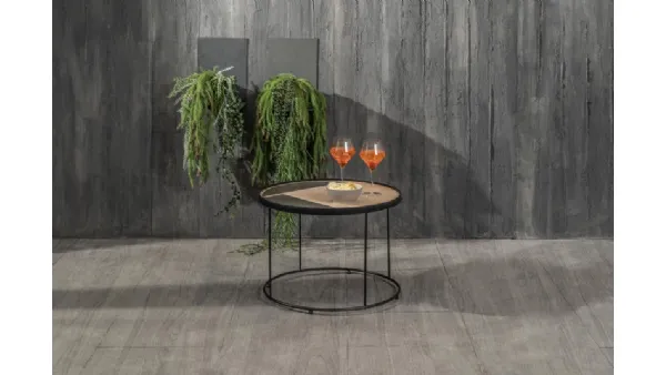 Tavolino rotondo Paras con top in legno con inserti in pietra e struttura in metallo verniciato di Stones