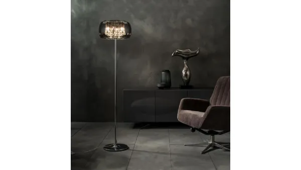 Lampada da terra Mirror con pendenti in cristallo e paralume in vetro e specchio di Stones
