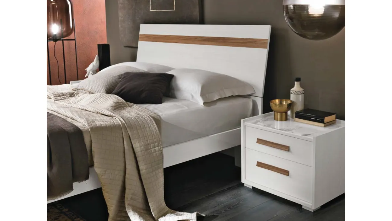 Comodino Toronto finitura Noce Bianco con top in vetro effetto marmo di Gierre Mobili