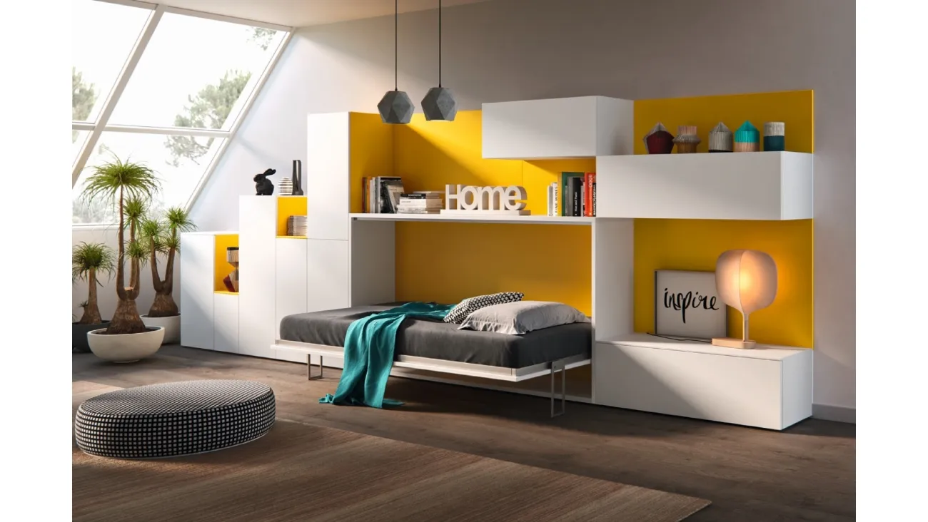Letto singolo a scomparsa aperto in laccato opaco Bianco e Giallo Casanova 4019 di 2B Italia