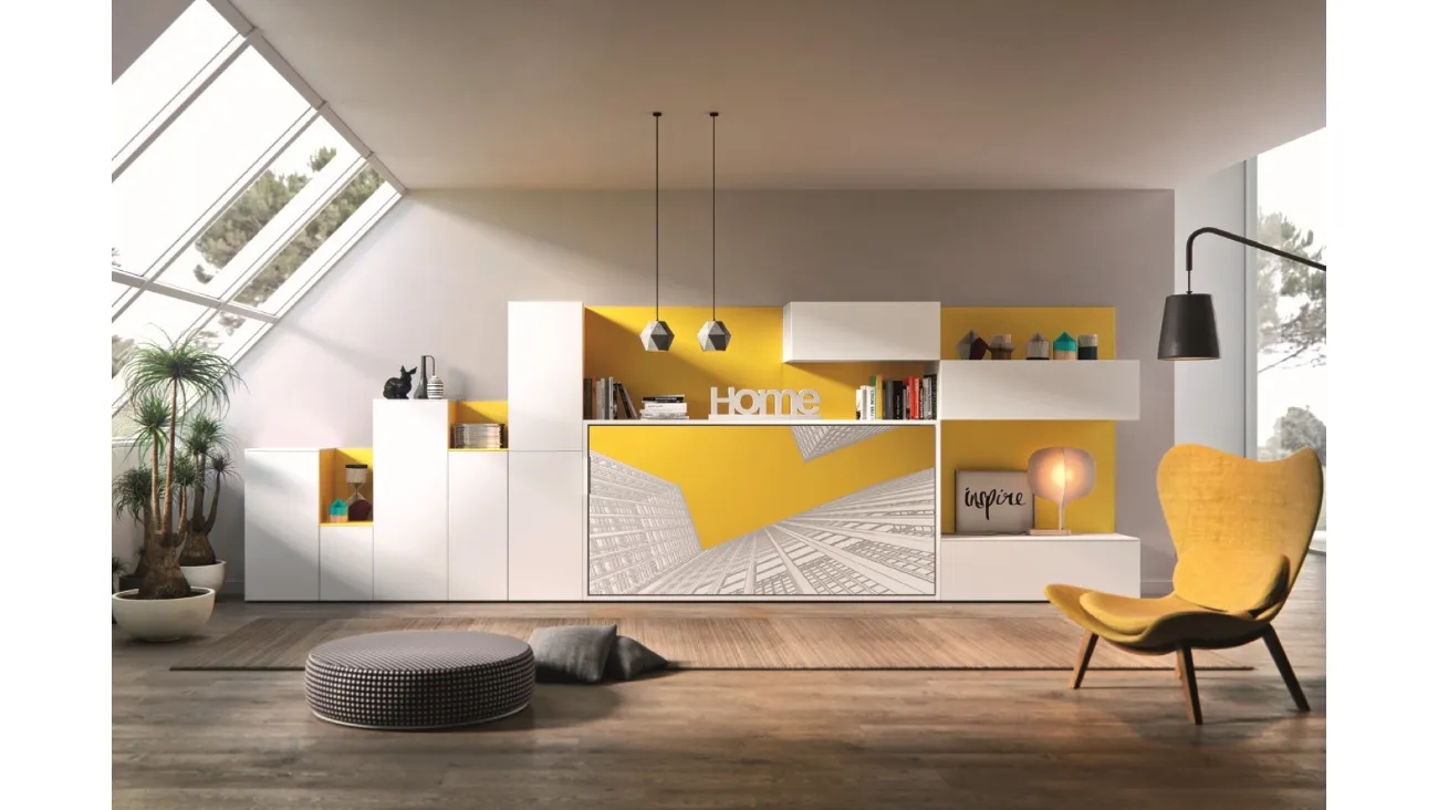Letto a scomparsa chiuso in laccato opaco Bianco e Giallo con decorazione Casanova 4019 di 2B Italia