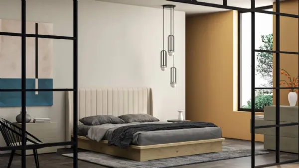 Letto Essential in legno di rovere con testiera in tessuto imbottito di Fratelli Mirandola