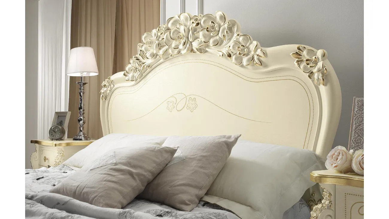 Letto Viola Luxor con testiera intarsiata e lavorata in foglia d'oro di Mobil Più