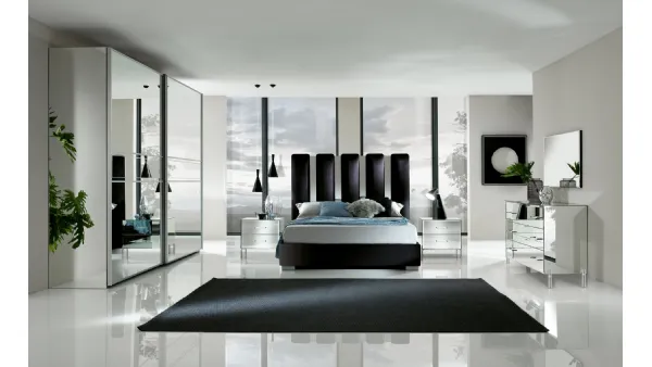 Letto imbottito Fantasy Luxury con testiera in velluto e specchio molato di Mobil Più