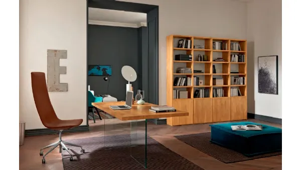 Libreria a muro in legno con vani a giorno e ante chiuse Mixer CM12 di FGF Mobili