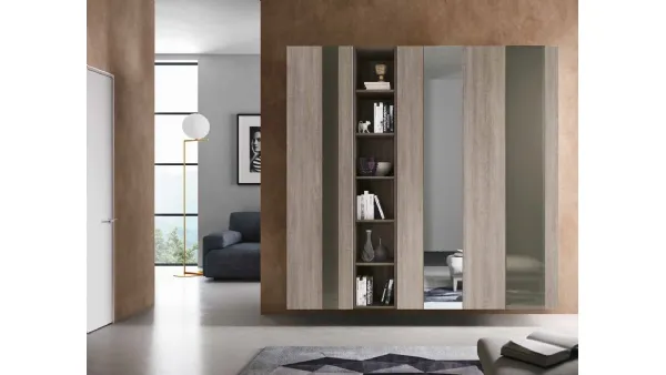 Mobile ingresso Mini 306 in rovere cenere, rovere fumo, vetro laccato e specchio argento di Artigianmobili