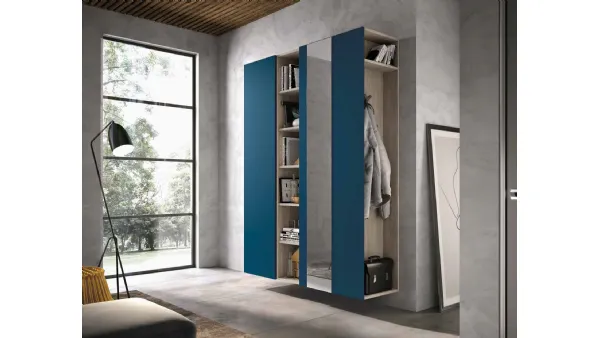 Mobile ingresso Mini 308 in laccato blu opaco, rovere cenere e specchio argento di Artigianmobili