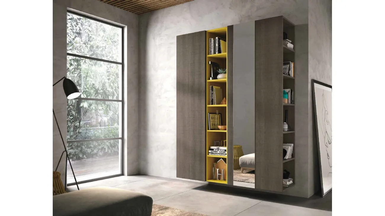 Mobile ingresso Mini 313 in rovere fumo, laccato opaco giallo e specchio di Artigianmobili