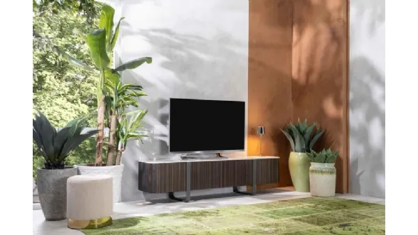 Mobile Porta Tv Andromeda in MDF impiallacciato finitura ebano con top in ceramica marmo calacatta oro di Stones