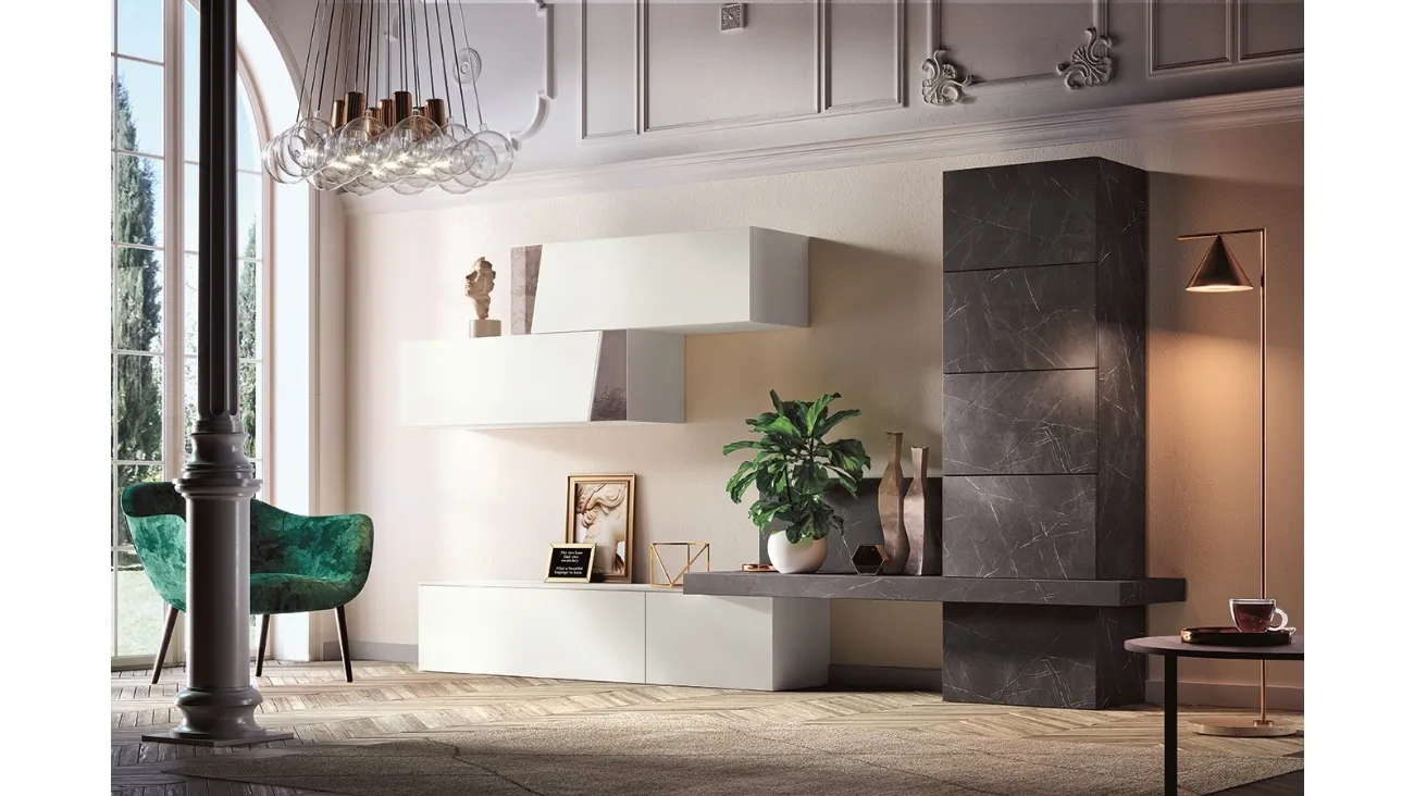 Parete Attrezzata Club Decor 6013 in laccato Bianco e decoro effetto marmo di 2B Italia