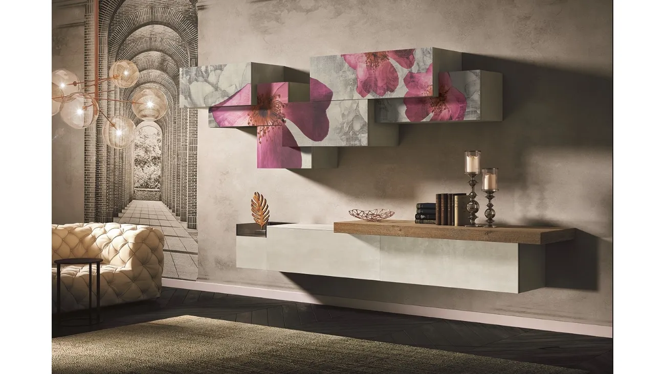 Parete Attrezzata Club Decor 6029 decorata con grandi fiori rosa di 2B Italia