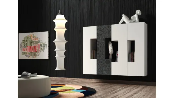 Parete Attrezzata sospesa Club36 3027 in laccato opaco Bianco con inserto decorato di 2B Italia