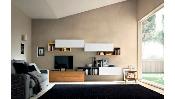 Parete Attrezzata Box C63B in laccato bianco opaco e legno di FGF Mobili