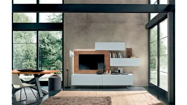 Parete Attrezzata Box C81B in laccato bianco e legno con piedi trasparenti di FGF Mobili