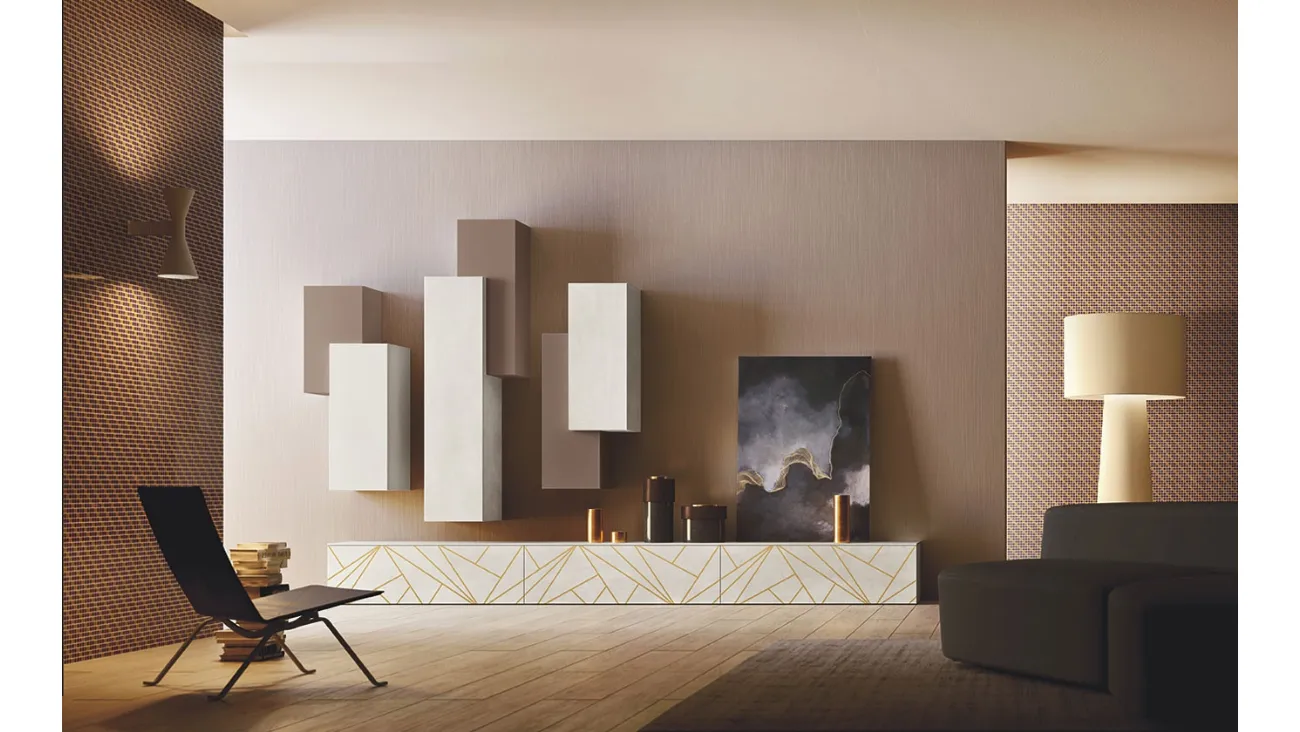 Parete Attrezzata Club Decor Living On lines con decoro su spatolato bianco di 2B Italia
