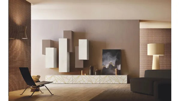Parete Attrezzata Club Decor Living On lines con decoro su spatolato bianco di 2B Italia