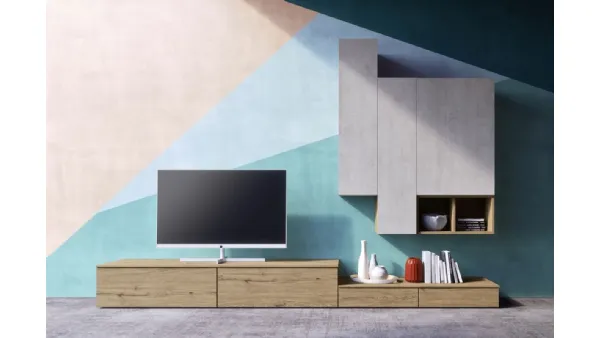 Parete Attrezzata in legno con pensili in finitura concrete Comp 19 di Mab
