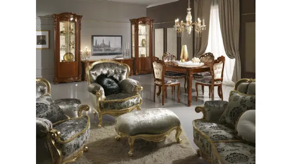 Poltrona classica in tessuto e legno intarsiato Regina Foglia oro di Mobil Più