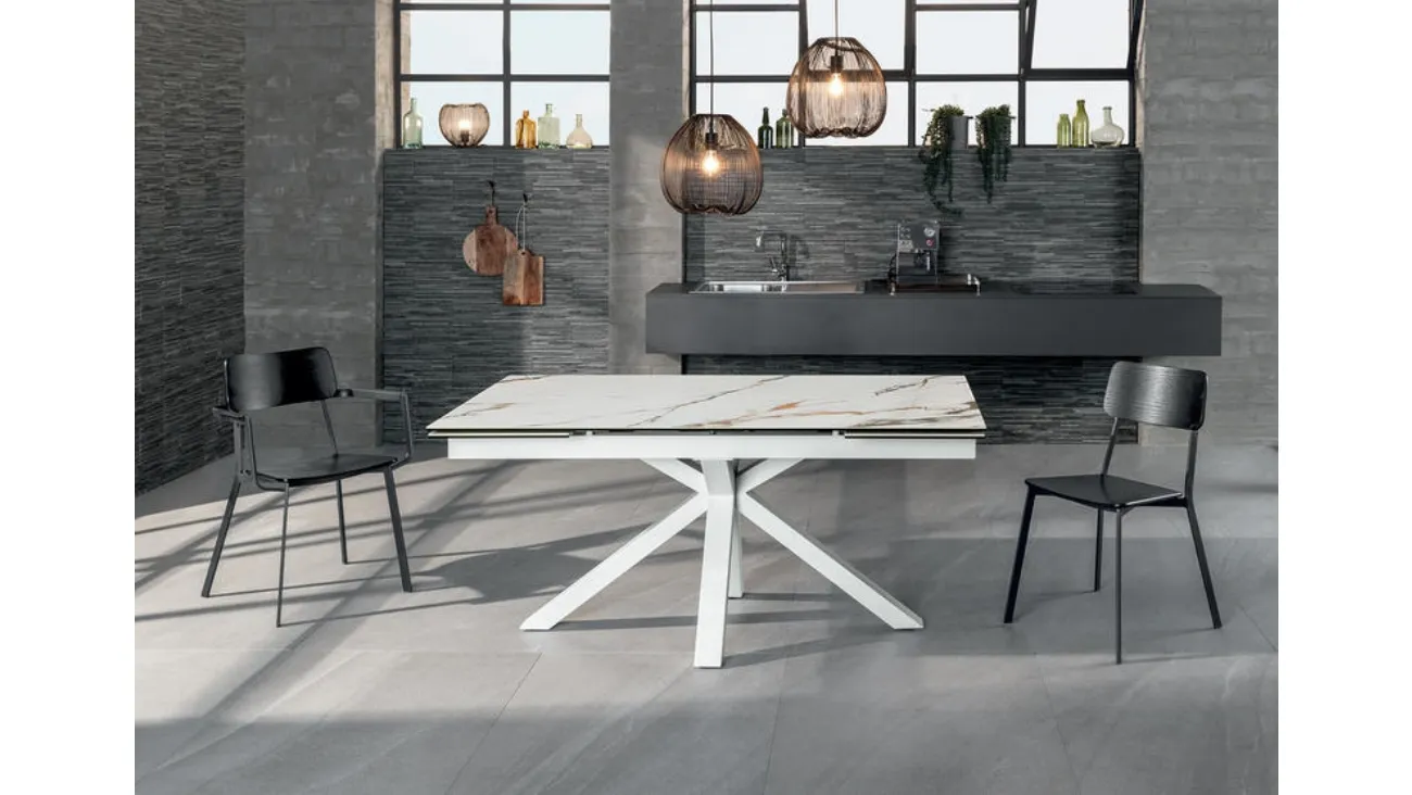 Tavolo allungabile con top in ceramica effetto marmo calacatta su vetro temprato Ceramica 01 di Stones