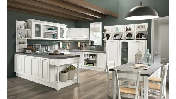 Cucina Classica con penisola Opera 01 in legno naturale Bianco di Colombini Casa Artec
