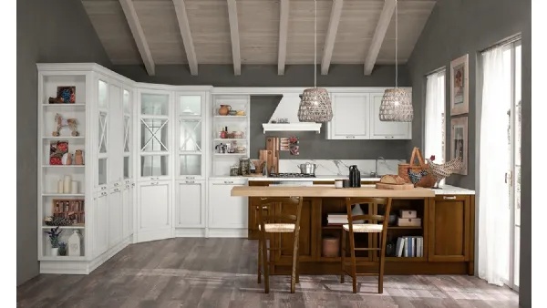 Cucina Classica ad angolo in laccato Bianco anticato con penisola in legno Siena scuro Sinfonia 03 di Colombini Casa Artec