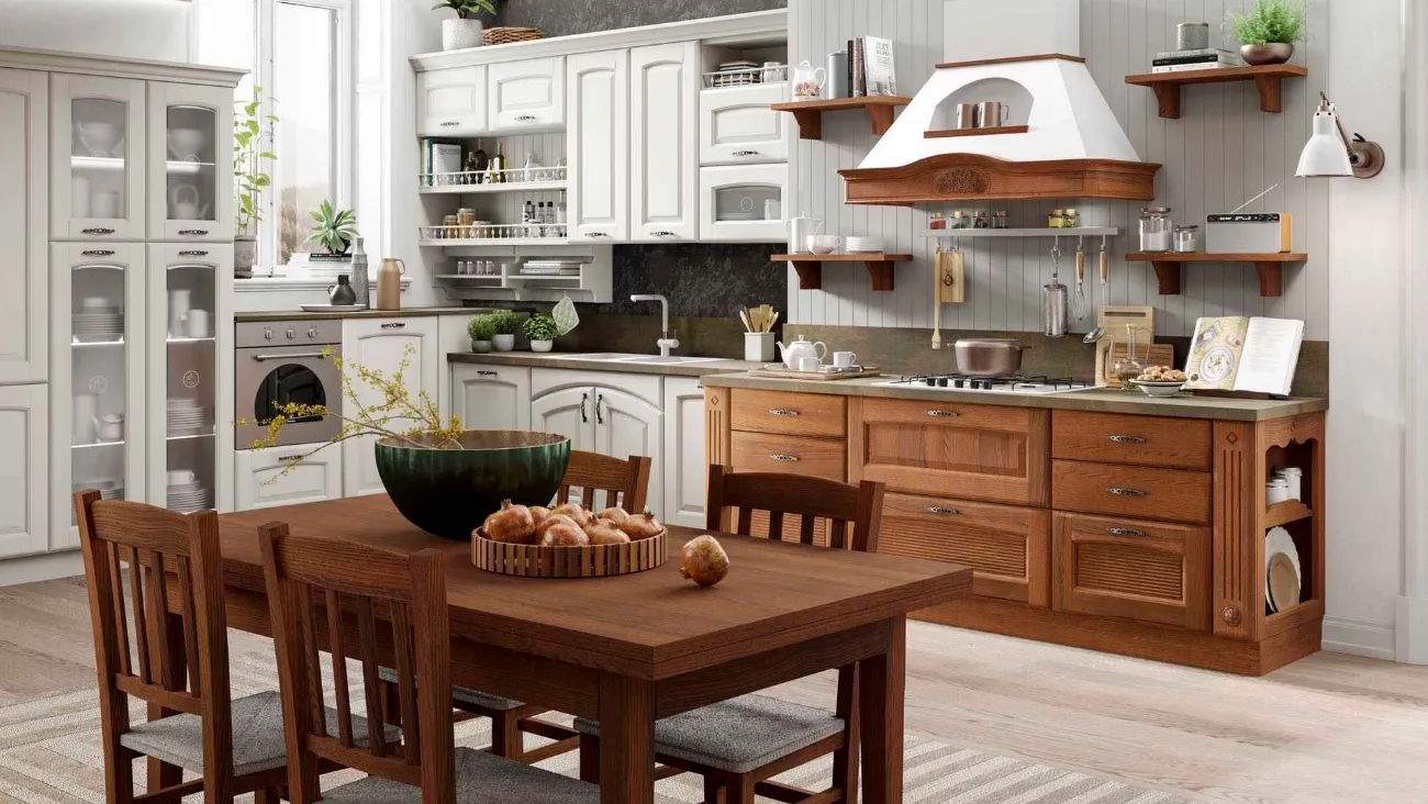 Cucina Classica ad angolo Olimpia in noce e perla bianco di Mobilturi