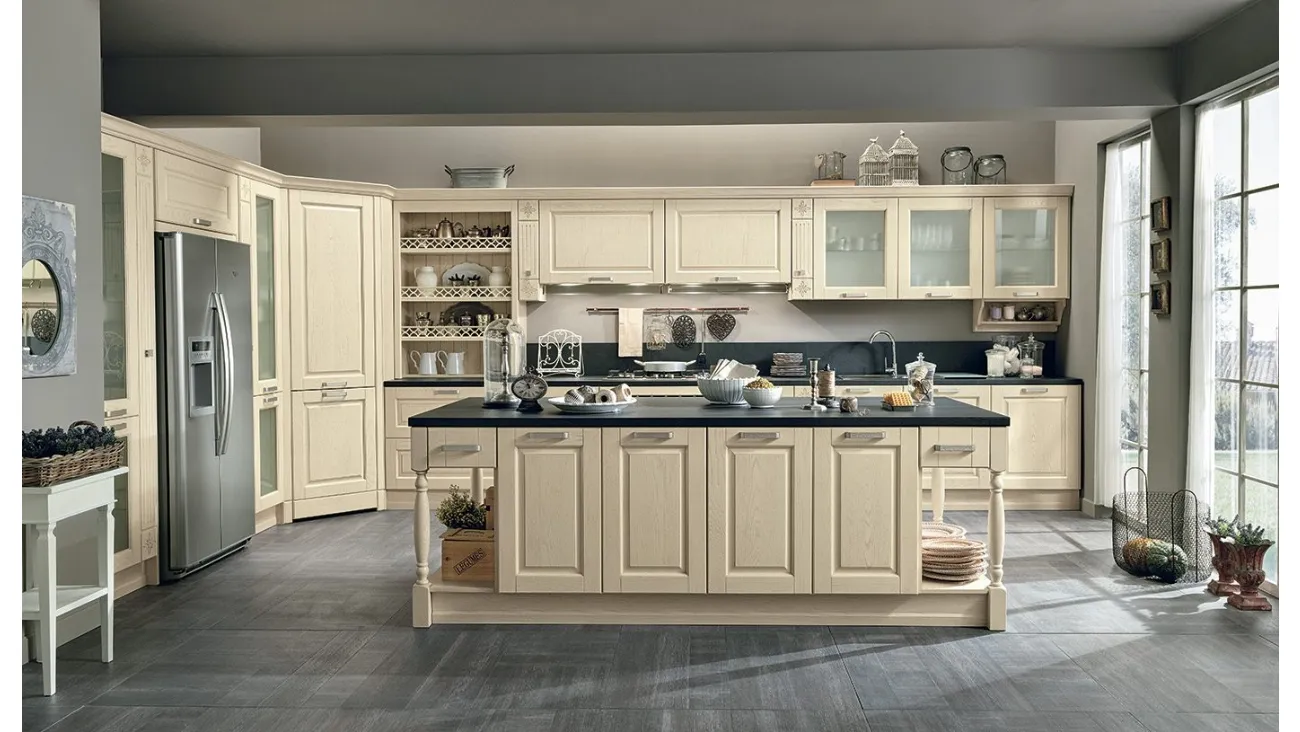 Cucina Classica con isola Opera 02 in legno naturale Avorio di Colombini Casa Artec
