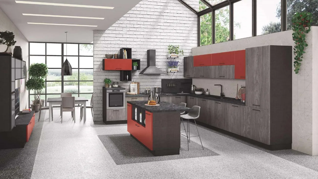 Cucina Moderna con isola Cloe 03 Rovere Smoky e Rosso Cocktail di Net Cucine