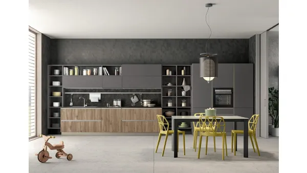 Cucina Moderna lineare Linea 05 in nobilitato finitura Grigio e Noce Gold di Colombini Casa Artec