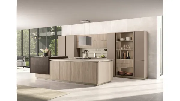 Cucina Moderna con isola Lungomare 06 in nobilitato Noce Beige e Peltro e Pet Visone di Colombini Casa Artec