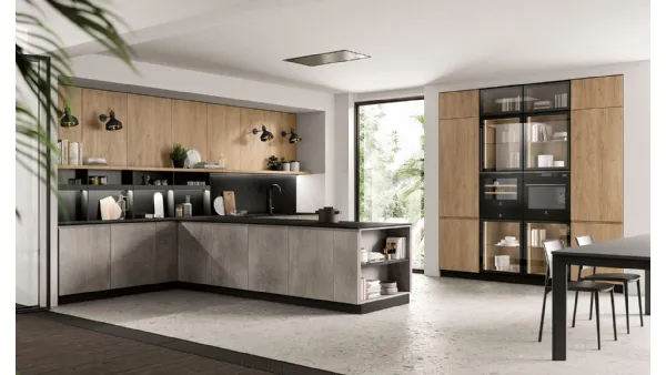 Cucina Moderna con penisola Pura in nobilitato finitura Cemento e Royal Oak di Colombini Casa Artec
