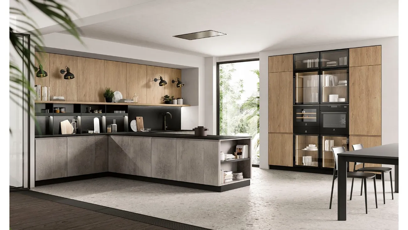 Cucina Moderna con penisola Pura in nobilitato finitura Cemento e Royal Oak di Colombini Casa Artec
