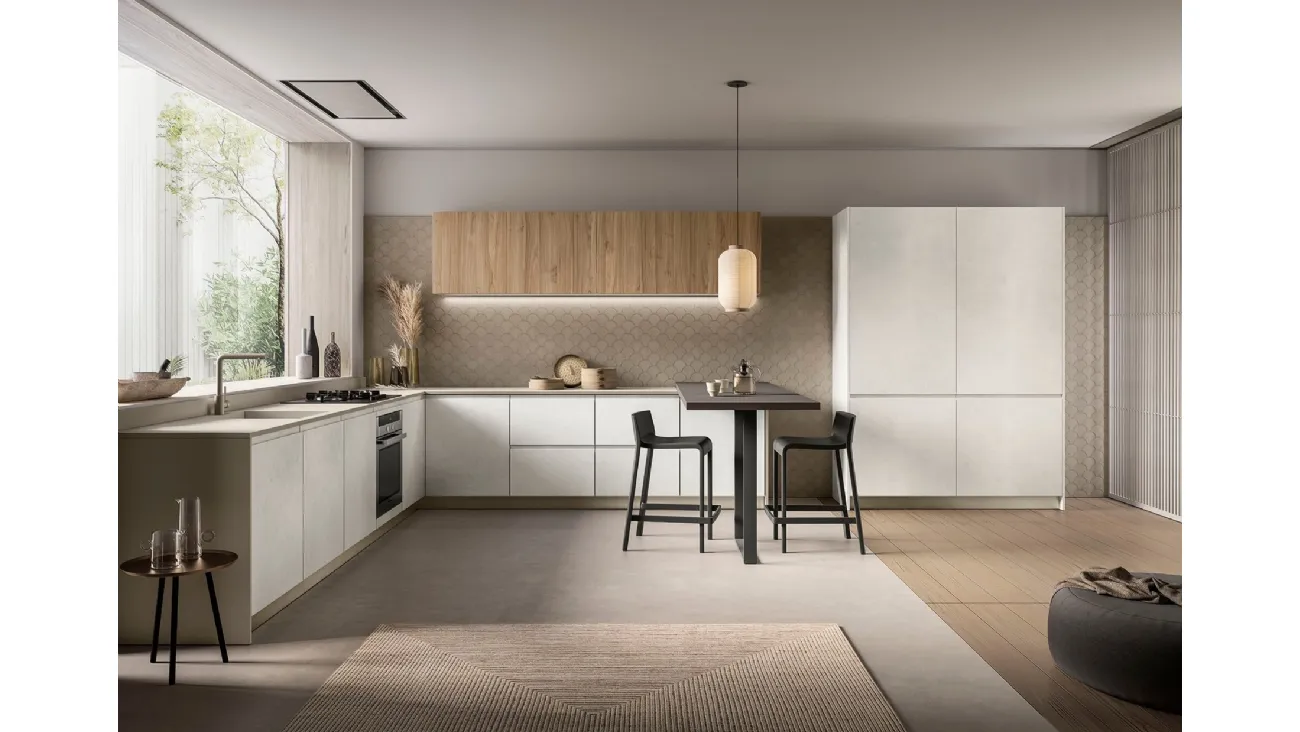 Cucina Moderna angolare con penisola Pura in nobilitato finitura Cemento Artico e Noce Gold di Colombini Casa Artec