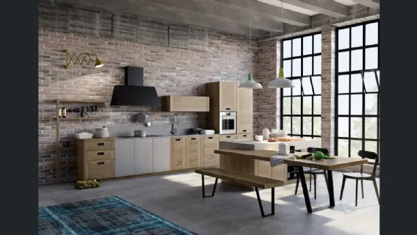 Cucina Moderna lineare Convivium 02 in legno di rovere con elemento in finitura cemento di Fratelli Mirandola