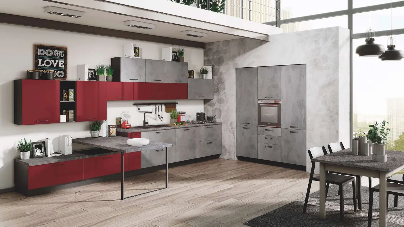 Cucina Moderna Kira 03 Cemento Fumo e Bordeaux Lucido di Net Cucine