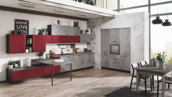 Cucina Moderna Kira 03 Cemento Fumo e Bordeaux Lucido di Net Cucine