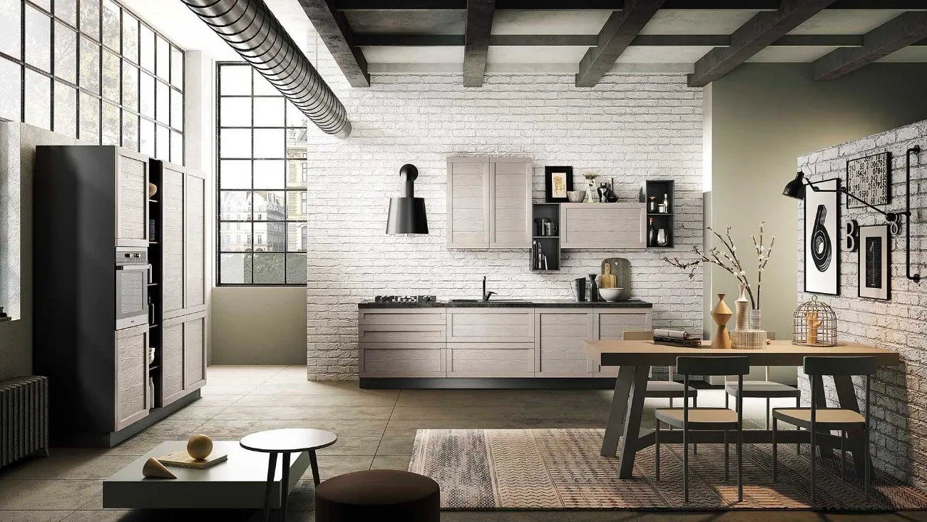 Cucina Moderna ad angolo Elsa 01 in legno laccato finitura Canapa di Net Cucine