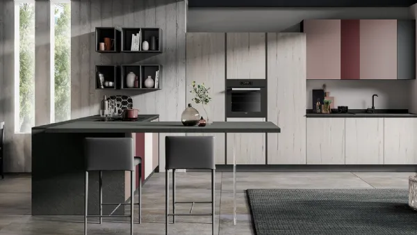 Cucina Moderna con penisola Hilary finitura Rovere Bianco, Rosa Antico, Bordeaux e Grafite di Mobilturi