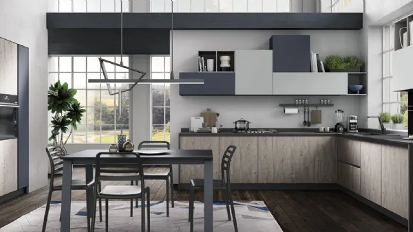 Cucina Moderna angolare Hilary finitura Rovere Grigio, Madreperla e Blue di Mobilturi