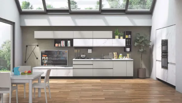 Cucina Moderna Kelly 01 effetto Marmo Bianco e Grigio Acciaio Opaco di Net Cucine