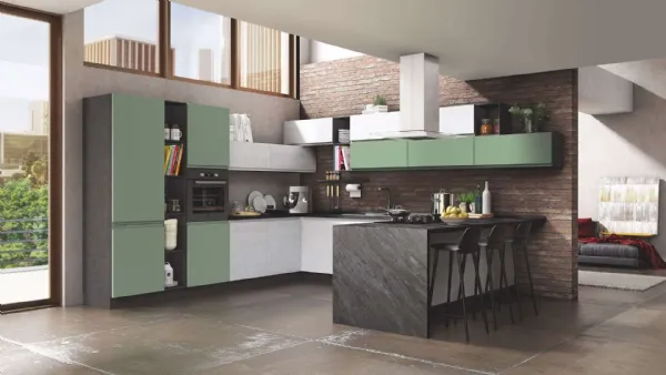 Cucina Moderna Kelly 04 Frassino Bianco e Verde Salvia Opaco di Net Cucine