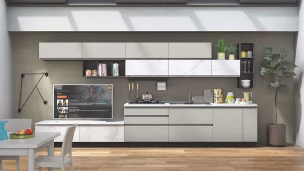 Cucina Moderna Kelly effetto Marmo Bianco e Grigio Acciaio Opaco di Net Cucine