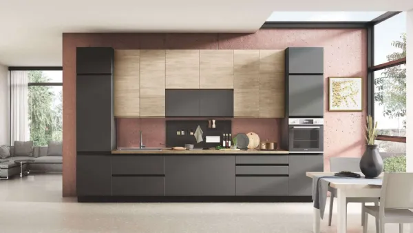 Cucina Moderna Kelly 05 Rovere Caldo e Grigio Antracite Opaco di Net Cucine