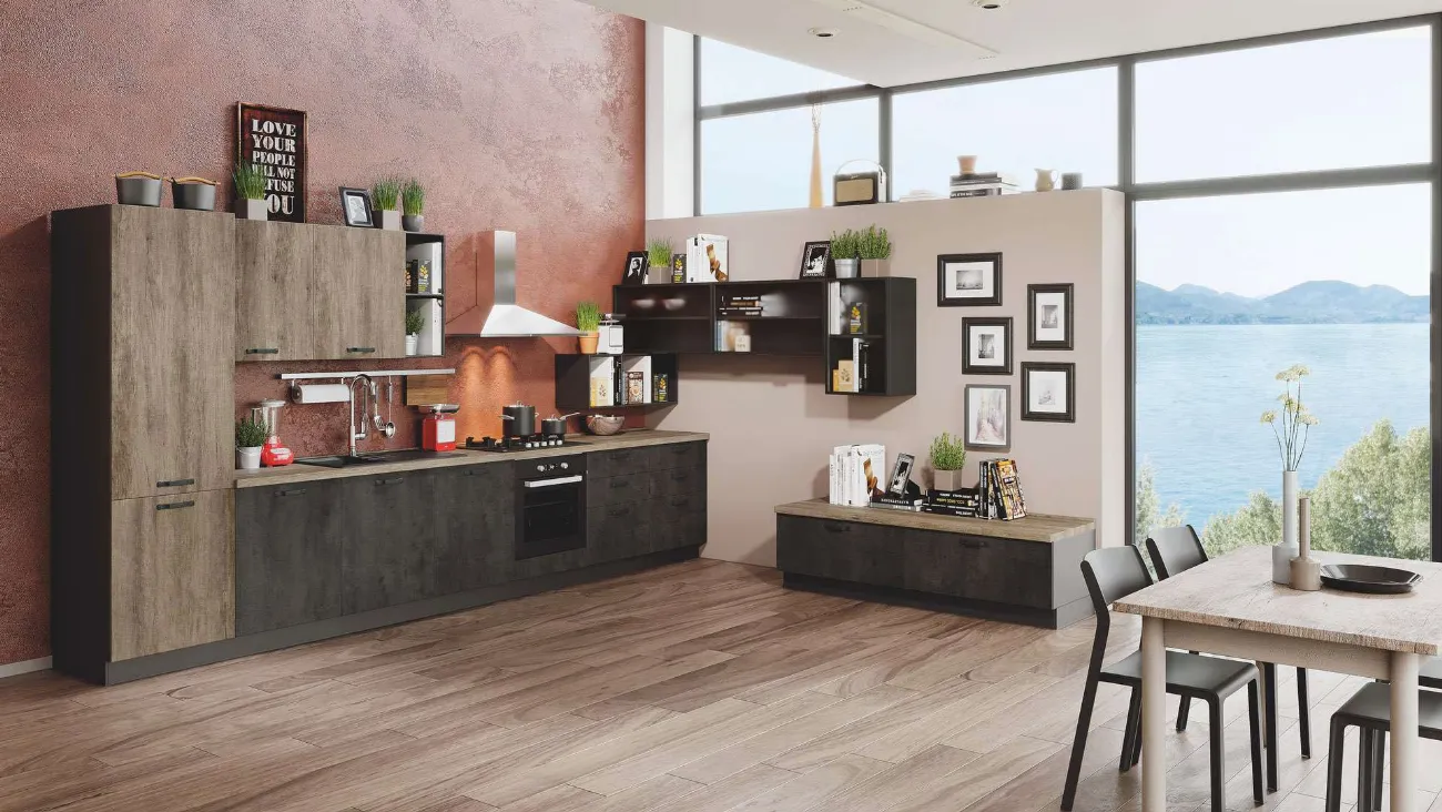 Cucina Moderna Kira 07 Cemento Ardesia e Legno Naturale di Net Cucine