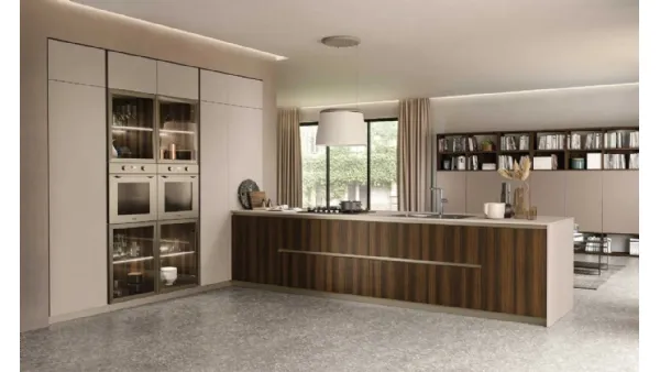 Cucina Moderna con penisola Lungomare 02 finitura nobilitato Eucalipto e Fenix Beige di Colombini Casa Artec