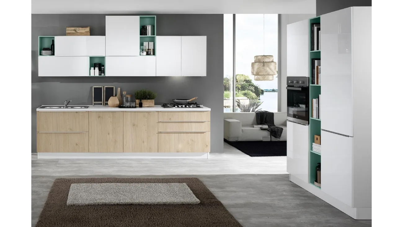 Cucina Moderna Mia 01 in melaminico Rovere Naturale e polimerico Bianco Lucido di Net Cucine