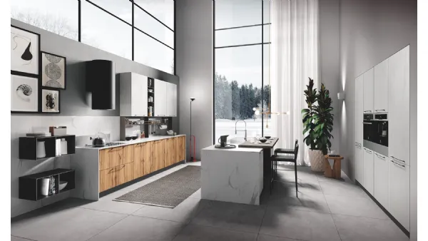 Cucina Moderna con isola Gaia finitura Cemento Bianco e Rovere Nodato di Mobilturi