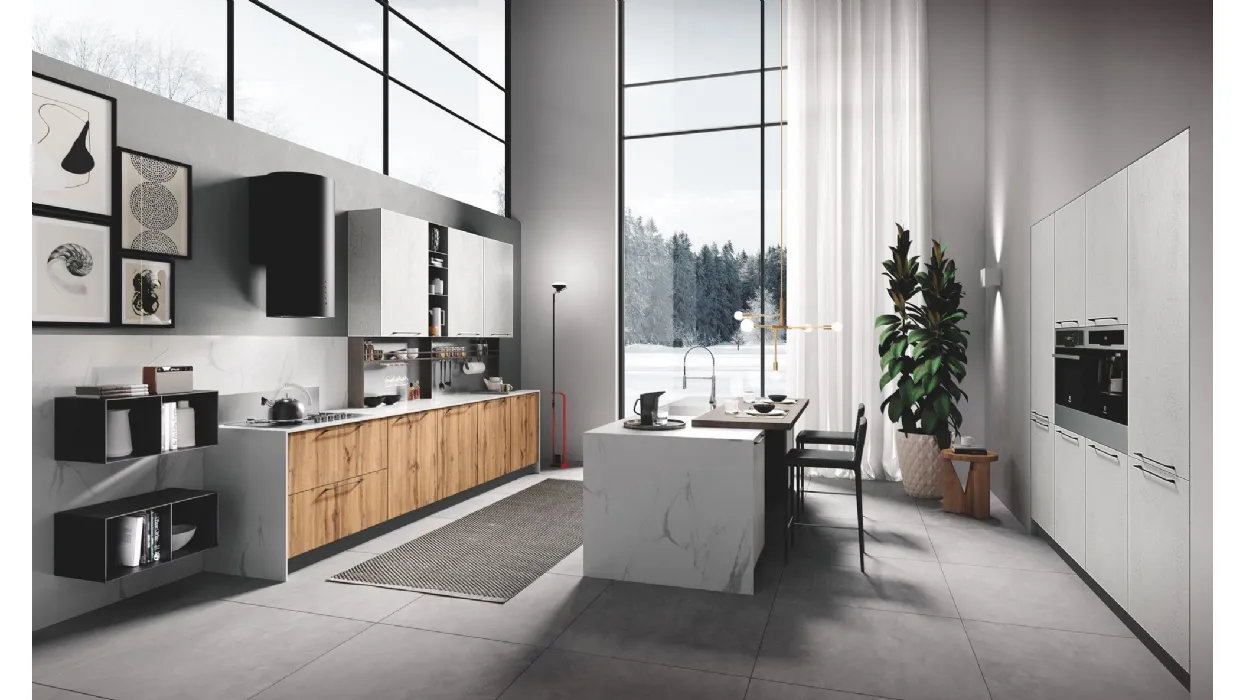 Cucina Moderna con isola Gaia finitura Cemento Bianco e Rovere Nodato di Mobilturi