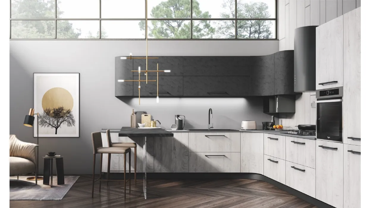 Cucina Moderna angolare con penisola Gaia finitura Cemento Nero e Quercia Ghiaccio di Mobilturi