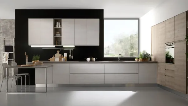 Cucina Moderna ad angolo con penisola Luna finitura Ghiaccio e Grigio effetto legno di Mobilturi